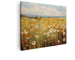 Artaza Canvas Schilderij Schilderij van een Bloemenveld met Madeliefjes en Klaprozen onder een Bewolkte Hemel - 40x30 cm - Klein - Wanddecoratie Woonkamer - Schilderijen - Muurdecoratie