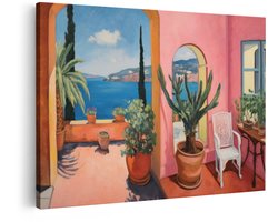 Artaza Canvas Schilderij Schilderij van een Mediterraan Terras met Uitzicht op de Zee en Planten - 60x40 cm - Wanddecoratie Woonkamer - Schilderijen - Muurdecoratie