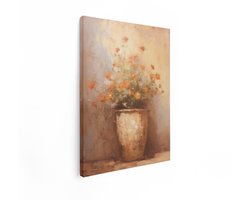 Artaza Canvas Schilderij Schilderij van Oranje Bloemen in een Terracotta Pot met een Zachte Achtergrond - 90x120 cm - Groot - Wanddecoratie Woonkamer - Schilderijen - Muurdecoratie
