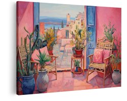Artaza Canvas Schilderij Sfeervol Terras met Cactussen en Uitzicht op de Stad en Zee - 90x60 cm - Wanddecoratie Woonkamer - Schilderijen - Muurdecoratie