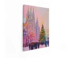 Artaza Canvas Schilderij Sfeervolle Kerstmarkt bij Kathedraal met Versierde Kerstboom en Mensen - 30x40 cm - Klein - Wanddecoratie Woonkamer - Schilderijen - Muurdecoratie