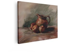 Artaza Canvas Schilderij Stilleven - 120x90 cm - Wanddecoratie Vintage - Muurdecoratie Appels En Kan - Decoratie Woonkamer