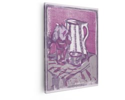 Artaza Canvas Schilderij Stilleven met Kan - Glas en Bloemen in Paarse en Grijze Tinten - 80x100 cm - Groot - Wanddecoratie Woonkamer - Schilderijen - Muurdecoratie