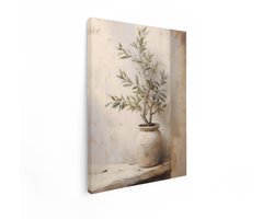 Artaza Canvas Schilderij Stilleven met Olijftak in Antieke Vaas op Stenen Richel - 30x40 cm - Klein - Wanddecoratie Woonkamer - Schilderijen - Muurdecoratie