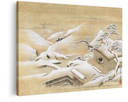 Artaza Canvas Schilderij Traditionele Japanse Winterlandschap met een Man in een Hutje - 30x20 cm - Klein - Wanddecoratie Woonkamer - Schilderijen - Muurdecoratie