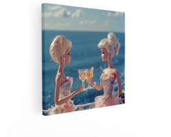 Artaza Canvas Schilderij Twee Barbie Poppen met Champagneglazen Proosten op een Zonnige Dag aan Zee - 70x70 cm - Wanddecoratie Woonkamer - Schilderijen - Muurdecoratie