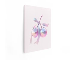 Artaza Canvas Schilderij Twee Iriserende Kersen met een Satijnen Lint op een Zachte Roze Achtergrond - 30x40 cm - Klein - Wanddecoratie Woonkamer - Schilderijen - Muurdecoratie
