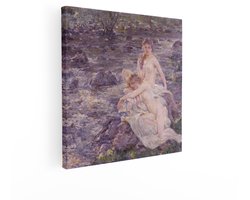 Artaza Canvas Schilderij Twee Jonge Vrouwen Baden in een Beekje - Omringd door Natuurlijke Schoonheid - 40x40 cm - Wanddecoratie Woonkamer - Schilderijen - Muurdecoratie