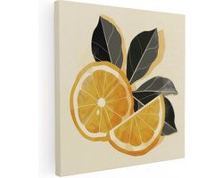 Artaza Canvas Schilderij Twee Stukjes Sinaasappel met Bladeren op een Beige Achtergrond - 90x90 cm - Groot - Wanddecoratie Woonkamer - Schilderijen - Muurdecoratie