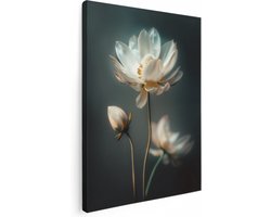 Artaza Canvas Schilderij Twee Witte Lotusbloemen op een Donkere Achtergrond - 60x80 cm - Wanddecoratie Woonkamer - Schilderijen - Muurdecoratie