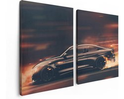 Artaza Canvas Schilderij Tweeluik Zwarte Sportwagen Auto Met Vlammen - 120x80 cm - Wanddecoratie Woonkamer - Schilderijen - Muurdecoratie