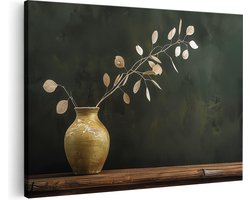 Artaza Canvas Schilderij Vaas met Bladeren op een Tafel - 120x80 cm - Groot - Wanddecoratie Woonkamer - Schilderijen - Muurdecoratie