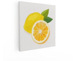 Artaza Canvas Schilderij Verse Citroen en een Halve Citroen met Groene Bladeren op een Lichte Achtergrond - 40x40 cm - Wanddecoratie Woonkamer - Schilderijen - Muurdecoratie