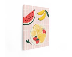 Artaza Canvas Schilderij Verse Vruchten op een Roze Geruite Achtergrond - Zomerse Sfeer - 30x40 cm - Klein - Wanddecoratie Woonkamer - Schilderijen - Muurdecoratie