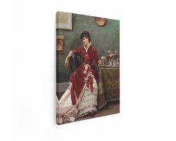 Artaza Canvas Schilderij Victoriaanse Dame in Rode Jurk Genietend van een Kopje Thee met Rozen - 60x80 cm - Wanddecoratie Woonkamer - Schilderijen - Muurdecoratie