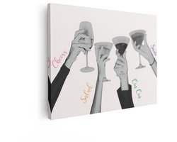 Artaza Canvas Schilderij Vier Verschillende Handen Heffen Glazen met Drankjes voor een Toast - 80x60 cm - Wanddecoratie Woonkamer - Schilderijen - Muurdecoratie
