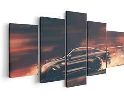 Artaza Canvas Schilderij Vijfluik Zwarte Sportwagen Auto Met Vlammen - 100x50 cm - Wanddecoratie Woonkamer - Schilderijen - Muurdecoratie
