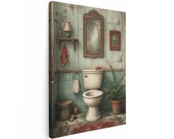 Artaza Canvas Schilderij Vintage Toilet - Groene Badkamersfeer - 90x120 cm - Groot - Wanddecoratie Woonkamer - Schilderijen - Muurdecoratie