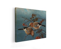 Artaza Canvas Schilderij Vogels - 50x40 cm - Wanddecoratie Gaaien Op Tak - Muurdecoratie Natuur Vintage - Schilderijen Herfst Bessen
