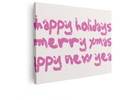 Artaza Canvas Schilderij Vrolijke Feestdagen en een Gelukkig Nieuwjaar met Roze Tekst - 40x30 cm - Klein - Wanddecoratie Woonkamer - Schilderijen - Muurdecoratie