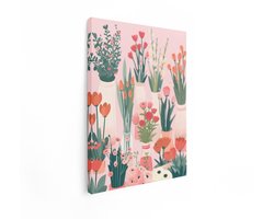 Artaza Canvas Schilderij Vrolijke Illustratie van Diverse Bloemen in Vazen op een Roze Achtergrond - 30x40 cm - Klein - Wanddecoratie Woonkamer - Schilderijen - Muurdecoratie
