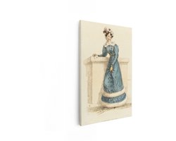 Artaza Canvas Schilderij Vrouw in Blauwe Baljurk met Bontrand en Bloemenhoofddeksel - 19E-Eeuwse Mode - 40x60 cm - Wanddecoratie Woonkamer - Schilderijen - Muurdecoratie