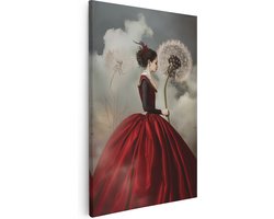 Artaza Canvas Schilderij Vrouw in een Rode Jurk met Paardebloem - Bloemen - 80x120 cm - Groot - Wanddecoratie Woonkamer - Schilderijen - Muurdecoratie