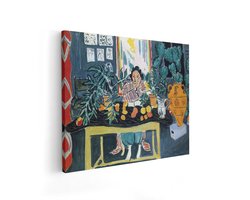 Artaza Canvas Schilderij Vrouw in Gestreepte Jurk Leest bij Tafel met Fruit en Planten - Henri Matisse Schilderij - 50x40 cm - Wanddecoratie Woonkamer - Schilderijen - Muurdecoratie