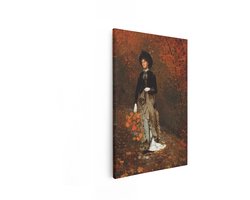 Artaza Canvas Schilderij Vrouw in Herfstbos met Bladeren in haar Hand - 19E-Eeuwse Kleding - 20x30 cm - Klein - Wanddecoratie Woonkamer - Schilderijen - Muurdecoratie