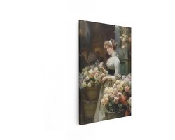 Artaza Canvas Schilderij Vrouw in Vintage Kleding Selecteert Rozen op een Bloemenmarkt - 40x60 cm - Wanddecoratie Woonkamer - Schilderijen - Muurdecoratie