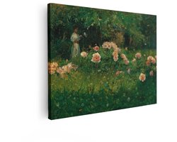 Artaza Canvas Schilderij Vrouw in Witte Jurk Leest in een Bloeiende Tuin Vol Roze Pioenrozen - 40x30 cm - Klein - Wanddecoratie Woonkamer - Schilderijen - Muurdecoratie