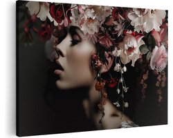 Artaza Canvas Schilderij Vrouw met Bloemen op haar Hoofd - 120x80 cm - Groot - Wanddecoratie Woonkamer - Schilderijen - Muurdecoratie