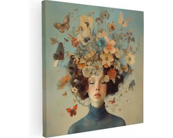 Artaza Canvas Schilderij Vrouw met Bloemen op haar Hoofd - Bloemen - 70x70 cm - Wanddecoratie Woonkamer - Schilderijen - Muurdecoratie