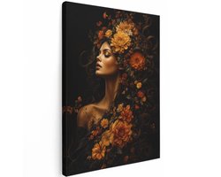 Artaza Canvas Schilderij Vrouw Met Bloemen - Portret in Oranje en Zwarte Tinten - 90x120 cm - Groot - Wanddecoratie Woonkamer - Schilderijen - Muurdecoratie