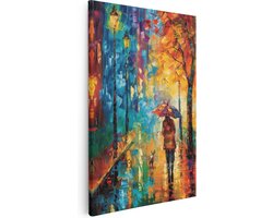 Artaza Canvas Schilderij Vrouw met een Hond in de Regen - Dieren - 20x30 cm - Klein - Wanddecoratie Woonkamer - Schilderijen - Muurdecoratie