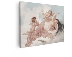 Artaza Canvas Schilderij Vrouw met Engelen in de Lucht - Omringd door Roze Stof en Wolken - 40x30 cm - Klein - Wanddecoratie Woonkamer - Schilderijen - Muurdecoratie