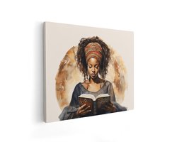 Artaza Canvas Schilderij Vrouw met Hoofddoek Leest een Boek - Aquarel Kunst - Afrikaanse Cultuur - 100x80 cm - Wanddecoratie Woonkamer - Schilderijen - Muurdecoratie