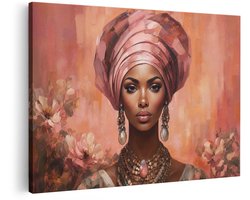 Artaza Canvas Schilderij Vrouw Met Roze Hoofddoek - Abstract Portret - 120x80 cm - Groot - Wanddecoratie Woonkamer - Schilderijen - Muurdecoratie