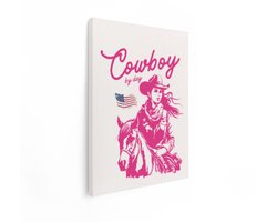 Artaza Canvas Schilderij Vrouwelijke Cowboy met Paard en Amerikaanse Vlag in Roze Stijl - 30x40 cm - Klein - Wanddecoratie Woonkamer - Schilderijen - Muurdecoratie
