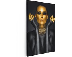 Artaza Canvas Schilderij Vrouwen Portret in het Goud en Zwart - 60x90 cm - Wanddecoratie Woonkamer - Schilderijen - Muurdecoratie