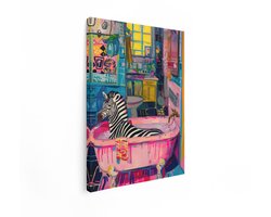 Artaza Canvas Schilderij Zebra In Bad - 60x80 cm - Wanddecoratie Badkamer - Muurdecoratie Abstract - Decoratie Kleurrijk - Roze