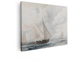 Artaza Canvas Schilderij Zeilboten Varen op een Winderige Zee onder een Bewolkte Hemel - 120x90 cm - Groot - Wanddecoratie Woonkamer - Schilderijen - Muurdecoratie
