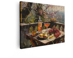 Artaza Canvas Schilderij Zomerse Balkonmaaltijd met Kaas - Druiven en Drankjes in de Zon - 40x30 cm - Klein - Wanddecoratie Woonkamer - Schilderijen - Muurdecoratie