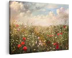 Artaza Canvas Schilderij Zomerse Bloemenweide met Rode Klaprozen en Madeliefjes onder een Bewolkte Hemel - 60x40 cm - Wanddecoratie Woonkamer - Schilderijen - Muurdecoratie