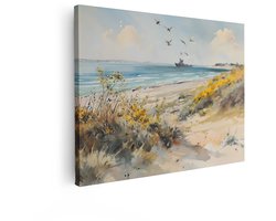 Artaza Canvas Schilderij Zomerse Kustlijn met Vliegende Vogels en een Schip op Zee - 120x90 cm - Groot - Wanddecoratie Woonkamer - Schilderijen - Muurdecoratie