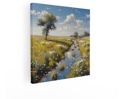 Artaza Canvas Schilderij Zomerse Weide met Kabbelend Beekje en Bloeiende Veldbloemen onder een Blauwe Lucht - 40x40 cm - Wanddecoratie Woonkamer - Schilderijen - Muurdecoratie