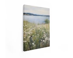 Artaza Canvas Schilderij Zomerse Weide met Witte Bloemen en een Kalme Zee op de Achtergrond - 30x40 cm - Klein - Wanddecoratie Woonkamer - Schilderijen - Muurdecoratie