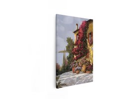 Artaza Canvas Schilderij Zonnig Mediterraans Huis met Bloeiende Bougainvillea en Uitzicht op Zee - 40x60 cm - Wanddecoratie Woonkamer - Schilderijen - Muurdecoratie