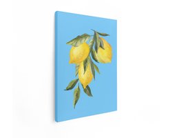 Artaza Canvas Schilderij Zonnige Aquarel van Citroenen aan een Tak met Groene Bladeren op Blauwe Achtergrond - 30x40 cm - Klein - Wanddecoratie Woonkamer - Schilderijen - Muurdecoratie