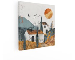 Artaza Canvas Schilderij Zonsondergang boven een Rustiek Mediterraan Dorp met Cipressen en Bloemen - 90x90 cm - Groot - Wanddecoratie Woonkamer - Schilderijen - Muurdecoratie